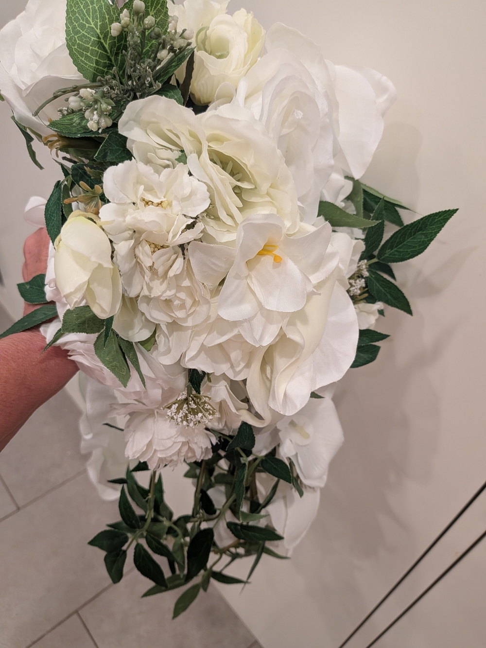 Bridal White Cascading Faux Bouquet with Greenery - Picture 10 of 13